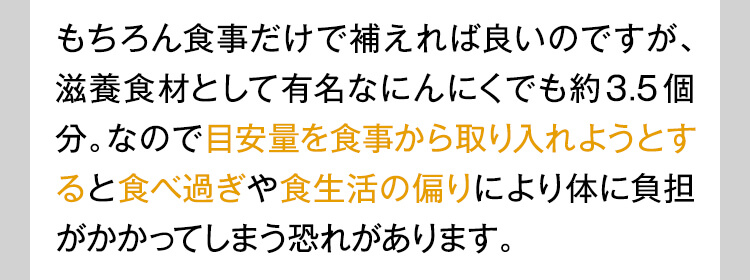 もちろん食事だけで補えれば良いのですが、滋養食材として有名なにんにくでも約3.5個分。なので目安量を食事から取り入れようとすると食べ過ぎや食生活の偏りにより体に負担がかかってしまう恐れがあります。
