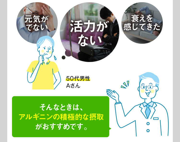 元気がでない、活力がない、衰えを感じてきた…そんな時にはアルギニンの積極的な摂取がおすすめ。