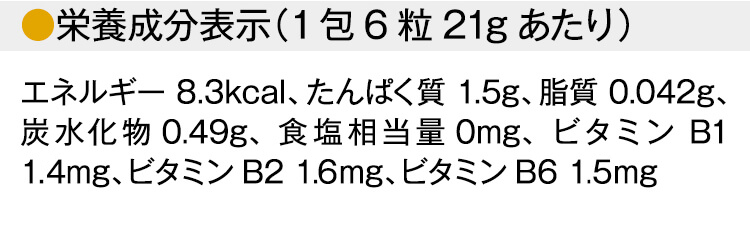 【栄養成分表示（1包6粒21gあたり）】 エネルギー 8.3kcal、たんぱく質 1.5g、脂質 0.042g、炭水化物 0.49g、食塩相当量 0mg、ビタミンB1 1.2mg、ビタミンB2 1.4mg、ビタミンB6 1.3mg
