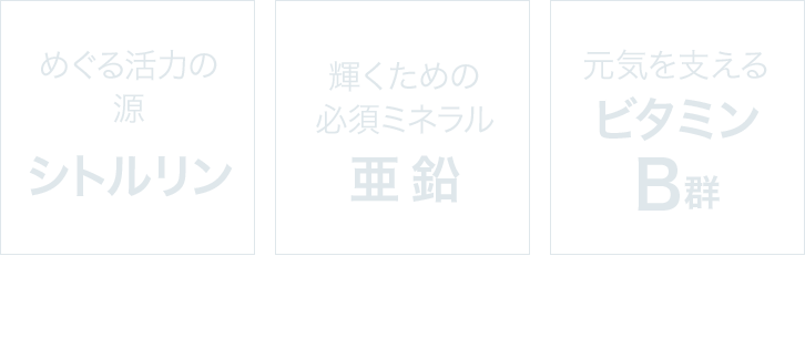 めぐる活力の源シトルリン（業界最高レベルの含有量）、輝くための必須ミネラル亜鉛、元気を支えるビタミンB群