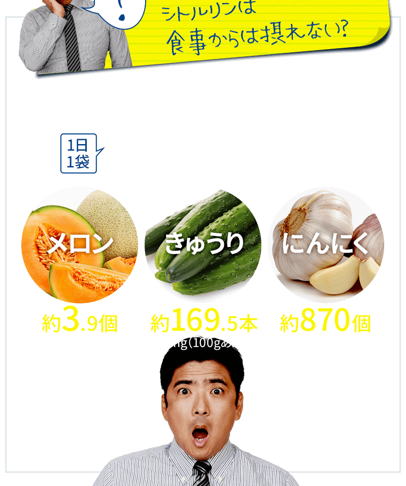 シトルリンは食事からは摂れない？1日1袋シトルリン量と商品との比較