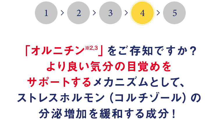 ストレスホルモン（コルチゾール）の 抑制をすることで、より良い気分の目覚めをサポートする成分「オルニチン※2,3」をご存知ですか？