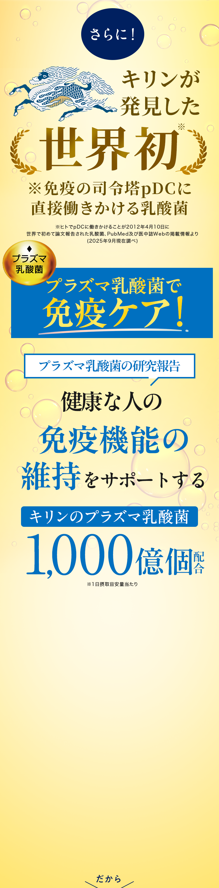 さらに、キリンが発見した世界初のプラズマ乳酸菌で免疫ケア！健康な人の免疫機能の維持をサポートする、キリンのプラズマ乳酸菌が1,000億個配合